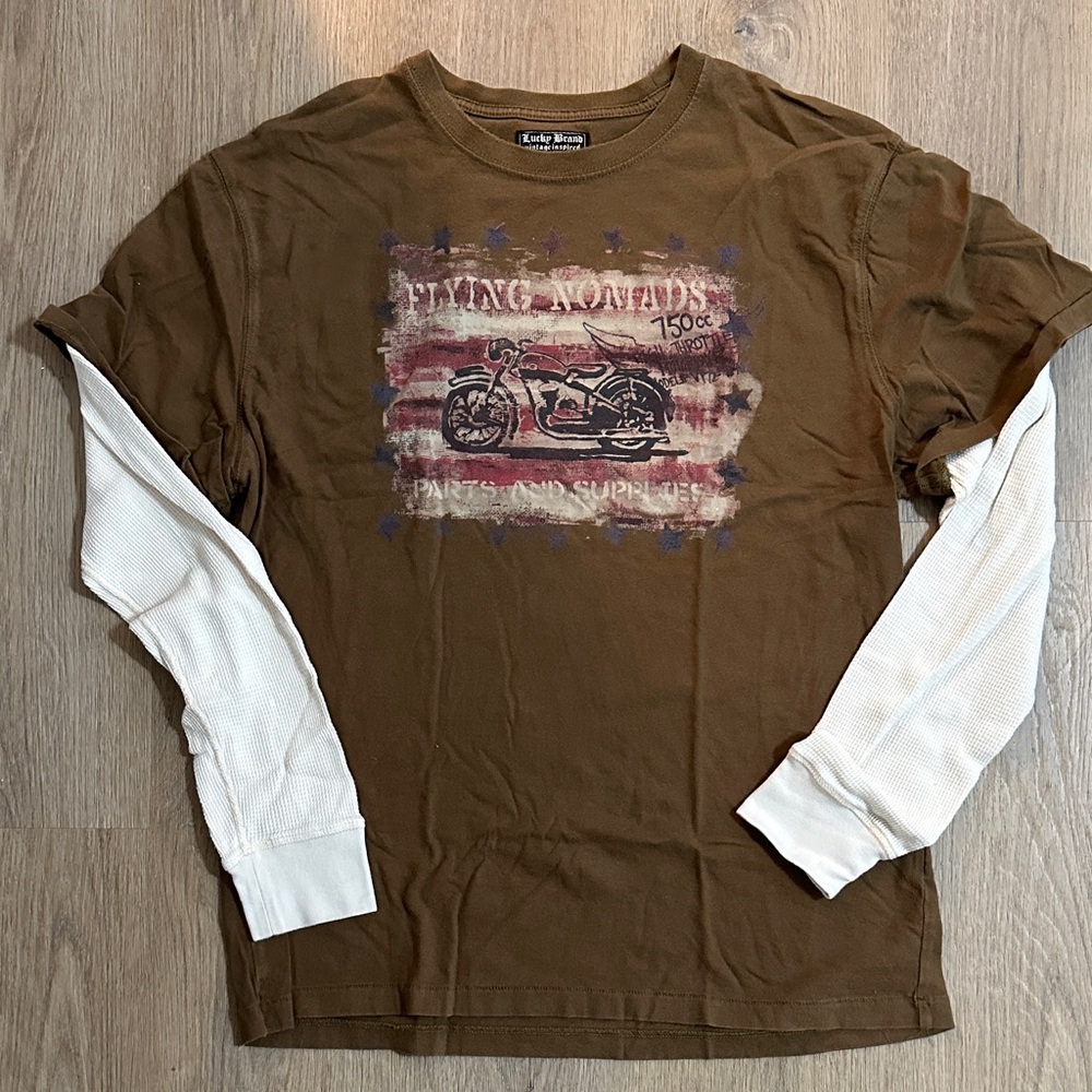 Lucky Brand Brown Long-Sleeve Layered-Look Motorcycle Tee with White Sleeves